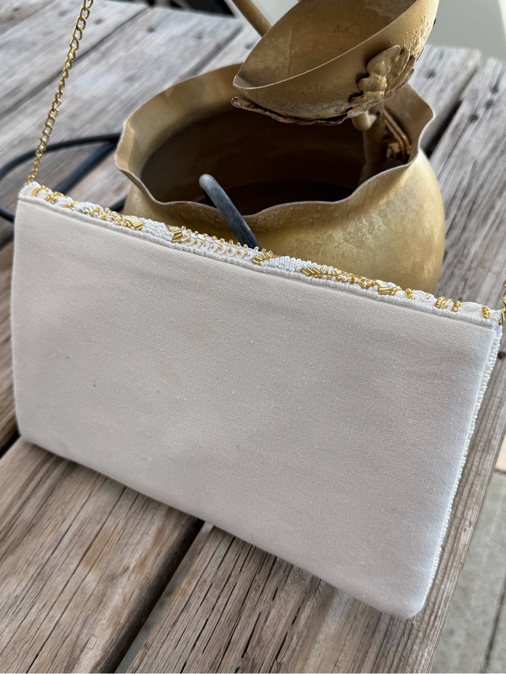 White & Gold Hand Beaded Envelope Clutch Crossbody Bag - Picture 4 of 13